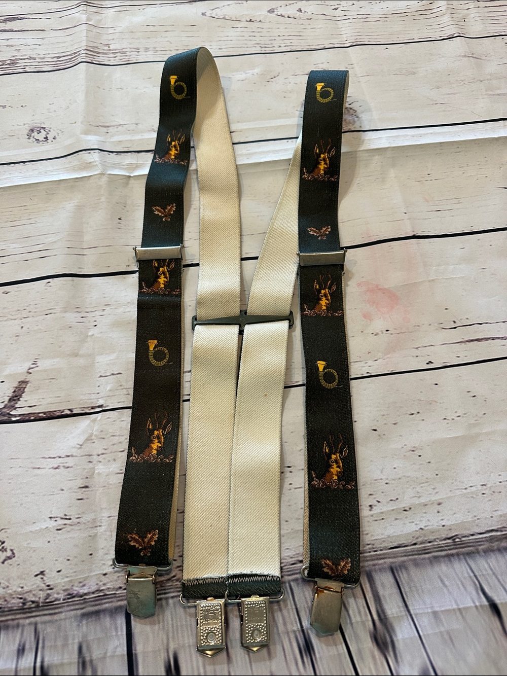 Made in Germany Cream and Dark Green Stag-Pattern Men's Suspenders